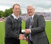 18 July 2010; Ulster GAA President Aoghan Farrell, right, with Ciaran Murray, honoured as a Captain of the Monaghan Jubilee team of 1985, during the Ulster GAA Football Finals. St Tighearnach's Park, Clones, Co. Monaghan. Picture credit: Oliver McVeigh / SPORTSFILE