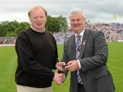 18 July 2010; Ulster GAA President Aoghan Farrell, right, with Declan Flanagan, honoured as a Captain of the Monaghan Jubilee team of 1985, during the Ulster GAA Football Finals. St Tighearnach's Park, Clones, Co. Monaghan. Picture credit: Oliver McVeigh / SPORTSFILE