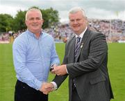 18 July 2010; Ulster GAA President Aoghan Farrell, right, with Ray McCarron, honoured as a Captain of the Monaghan Jubilee team of 1985, during the Ulster GAA Football Finals. St Tighearnach's Park, Clones, Co. Monaghan. Picture credit: Oliver McVeigh / SPORTSFILE