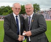 18 July 2010; Ulster GAA President Aoghan Farrell, right, with Brendan Brady, honoured as a Captain of the Monaghan Jubilee team of 1985, during the Ulster GAA Football Finals. St Tighearnach's Park, Clones, Co. Monaghan. Picture credit: Oliver McVeigh / SPORTSFILE