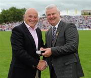 18 July 2010; Ulster GAA President Aoghan Farrell, right, with Eugene &quot;Nudie&quot; Hughes, honoured as a Captain of the Monaghan Jubilee team of 1985, during the Ulster GAA Football Finals. St Tighearnach's Park, Clones, Co. Monaghan. Picture credit: Oliver McVeigh / SPORTSFILE