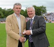 18 July 2010; Ulster GAA President Aoghan Farrell, right, with Declan McArdle, honoured as a Captain of the Monaghan Jubilee team of 1985, during the Ulster GAA Football Finals. St Tighearnach's Park, Clones, Co. Monaghan. Picture credit: Oliver McVeigh / SPORTSFILE