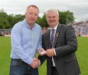 18 July 2010; Ulster GAA President Aoghan Farrell, right, with Sean McCarville, honoured as a Captain of the Monaghan Jubilee team of 1985, during the Ulster GAA Football Finals. St Tighearnach's Park, Clones, Co. Monaghan. Picture credit: Oliver McVeigh / SPORTSFILE