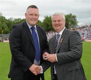 18 July 2010; Ulster GAA President Aoghan Farrell, right, with Brendan Beggan, honoured as a Captain of the Monaghan Jubilee team of 1985, during the Ulster GAA Football Finals. St Tighearnach's Park, Clones, Co. Monaghan. Picture credit: Oliver McVeigh / SPORTSFILE