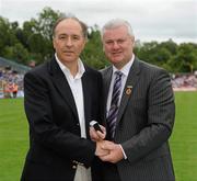 18 July 2010; Ulster GAA President Aoghan Farrell, right, with Kieran Finlay, honoured as a Captain of the Monaghan Jubilee team of 1985, during the Ulster GAA Football Finals. St Tighearnach's Park, Clones, Co. Monaghan. Picture credit: Oliver McVeigh / SPORTSFILE