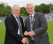 18 July 2010; Ulster GAA President Aoghan Farrell, right, with Paddy Kerr, honoured as a Captain of the Monaghan Jubilee team of 1985, during the Ulster GAA Football Finals. St Tighearnach's Park, Clones, Co. Monaghan. Picture credit: Oliver McVeigh / SPORTSFILE