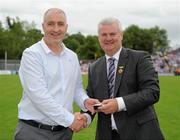 18 July 2010; Ulster GAA President Aoghan Farrell, right, with Declan Loughman, honoured as a Captain of the Monaghan Jubilee team of 1985, during the Ulster GAA Football Finals. St Tighearnach's Park, Clones, Co. Monaghan. Picture credit: Oliver McVeigh / SPORTSFILE *