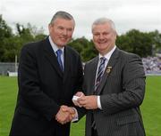 18 July 2010; Ulster GAA President Aoghan Farrell, right, with Sean McCague, honoured as a Captain of the Monaghan Jubilee team of 1985, during the Ulster GAA Football Finals. St Tighearnach's Park, Clones, Co. Monaghan. Picture credit: Oliver McVeigh / SPORTSFILE *