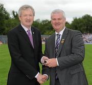 18 July 2010; Ulster GAA President Aoghan Farrell, right, with Paraic Duffy, honoured as captain of the Monaghan Jubilee team of 1985, during the Ulster GAA Football Finals. St Tighearnach's Park, Clones, Co. Monaghan. Picture credit: Oliver McVeigh / SPORTSFILE *