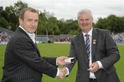 18 July 2010; Ulster GAA President Aoghan Farrell, right, with Gerard Hoey, honoured as a Captain of the Monaghan Jubilee team of 1985, during the Ulster GAA Football Finals. St Tighearnach's Park, Clones, Co. Monaghan. Picture credit: Oliver McVeigh / SPORTSFILE *