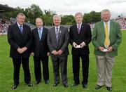 18 July 2010; Ulster GAA President Aoghan Farrell, centre, with Sean McCague, Paddy Tavey, GAA Director General Páraic Duffy and Gerry Smyth, honoured as a members of the management team on the Monaghan Jubilee team of 1985 during, the Ulster GAA Football Finals. St Tighearnach's Park, Clones, Co. Monaghan. Picture credit: Oliver McVeigh / SPORTSFILE