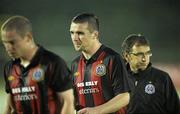 20 July 2010; A dejected Brian Shelle, Bohemians, and manager Pat Fenlon at the end of the game. UEFA Champions League First Qualifying Round, 2nd Leg, The New Saints FC v Bohemians, Park Hall Stadium, Oswestry, Wales. Picture credit: David Maher / SPORTSFILE