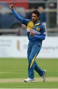 16 June 2016; Dasun Shanaka of Sri Lanka celebrates after bowling out Paul Stirling of Ireland during the One Day International match between Ireland and Sri Lanka at Malahide Cricket Ground in Malahide, Dublin. Photo by Seb Daly/Sportsfile