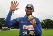 16 June 2016; Dasun Shanaka of Sri Lanka celebrates his team's victory and taking five wickets himself during the One Day International match between Ireland and Sri Lanka at Malahide Cricket Ground in Malahide, Dublin. Photo by Seb Daly/Sportsfile