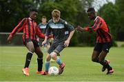 17 June 2016; Cillian Heaney of Mayo in action against Paul Omstosho, left, and Isaac Abankwah of Longford during their Shield Final at the SFAI Kennedy Cup Finals at University of Limerick in Limerick. Photo by Diarmuid Greene/Sportsfile