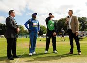 16 June 2016; Match referee David Boon, left, watches on  during the coin toss, involving team captains Anjelo Mathews, left, William Porterfield, second right, and presenter Dominic Cork during the One Day International match between Ireland and Sri Lanka at Malahide Cricket Ground in Malahide, Dublin. Photo by Seb Daly/Sportsfile