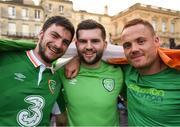 17 June 2016; Republic of Ireland supporters, from left to right, Briain Merriman, from Churchtown, Co Dublin, Sean O'Reilly, from Dundrum, Co Dublin, and Pól Seoige, from Islandeady, Co Mayo, at UEFA Euro 2016 in Bordeaux, France. Photo by Stephen McCarthy/Sportsfile