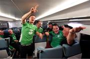 17 June 2016; Republic of Ireland supporters travel on the train from Bordeaux to Arcachon at UEFA Euro 2016 in Bordeaux, France. Photo by Stephen McCarthy/Sportsfile
