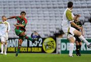 22 July 2010; Marco Aurelio Iubel, CS Marítimo, shoots to score his side's second goal. UEFA Europa League Second Qualifying Round, 2nd Leg, Sporting Fingal v CS Marítimo, Dalymount Park, Dublin. Picture credit: Barry Cregg / SPORTSFILE