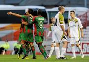 22 July 2010; Marco Aurelio Iubel, centre, CS Marítimo, celebrates with his team-mates Papa Babacar Diawara, 9,  and Danilo Leandro Dias after scoring his side's second goal. UEFA Europa League Second Qualifying Round, 2nd Leg, Sporting Fingal v CS Marítimo, Dalymount Park, Dublin. Picture credit: Barry Cregg / SPORTSFILE