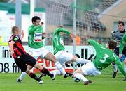 23 July 2010; Paddy Madden, Bohemians, scores the first goal past the Bray Wanderers defenders Dane Massey, 3, Derek Prendergast, Danny O'Connor and goalkeeper Brian Kane. Airtricity League Premier Division, Bray Wanderers v Bohemians, Carlisle Grounds, Bray, Co. Wicklow. Picture credit: Matt Browne / SPORTSFILE