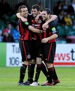 23 July 2010; Killian Brennan, Bohemians, celebrates after scoring their 3rd goal against Bray Wanderers with team-mates Brian Shelly, left, and Mark Rossiter, right. Airtricity League Premier Division, Bray Wanderers v Bohemians, Carlisle Grounds, Bray, Co. Wicklow. Picture credit: Matt Browne / SPORTSFILE