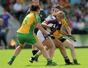 24 July 2010; Dora Gorman, Galway, in action against Tanya Kennedy, left, and Emer Gallagher, Donegal. Ladies Gaelic Football Minor A Championship All-Ireland Final, Donegal v Galway, Seán O'Heslin GAA Cub, Ballinamore, Co. Leitrim. Picture credit: Brian Lawless / SPORTSFILE