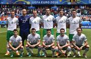 18 June 2016. Republic of Ireland team, back row left to right, James McCarthy, Darren Randolph, Glenn Whelan, John O'Shea, Stephen Ward, and Ciarian Clark. Front row, from left to right, Wes Hoolahan, Seamus Coleman, Shane Long, Robbie Brady and Jeff Hendrick prior to UEFA Euro 2016 Group E match between Belgium and Republic of Ireland at Nouveau Stade de Bordeaux in Bordeaux, France. Photo by David Maher / Sportsfile