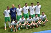 18 June 2016. Republic of Ireland team, back row left to right, James McCarthy, Darren Randolph, Glenn Whelan, John O'Shea, Stephen Ward, and Ciarian Clark. Front row, from left to right, Wes Hoolahan, Seamus Coleman, Shane Long, Robbie Brady and Jeff Hendrick prior to UEFA Euro 2016 Group E match between Belgium and Republic of Ireland at Nouveau Stade de Bordeaux in Bordeaux, France. Photo by David Maher / Sportsfile