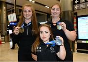 17 June 2016; Ireland's Noelle Lenihan, gold and a new world record in the F38 Discus, Niamh McCarthy, silver and a new european record in the F40/41 Discus, and Orla Barry, gold in the F57 Discus,  during their homecoming from the IPC Athletic European Championships 2016 in Grosetto, Italy, at Dublin Airport in Dublin. Photo by Sam Barnes/Sportsfile