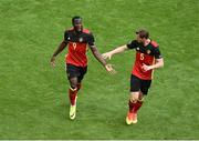 18 June 2016; Romelu Lukaku of Belgium celebrates with Jan Vertonghen after scoring his side's first goal of the game during the UEFA Euro 2016 Group E match between Belgium and Republic of Ireland at Nouveau Stade de Bordeaux in Bordeaux, France. Photo by Paul Mohan / Sportsfile.