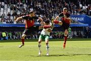 18 June 2016; Shane Long of Republic of Ireland in action against Thomas Vermaelen and Toby Alderweireld of Belgium   during the UEFA Euro 2016 Group E match between Belgium and Republic of Ireland at Nouveau Stade de Bordeaux in Bordeaux, France. Photo by David Maher / Sportsfile.