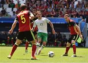 18 June 2016; Jeff Hendrick of Republic of Ireland in action against Jan Vertonghen and Thomas Vermaelen of Belgium in the UEFA Euro 2016 Group E match between Belgium and Republic of Ireland at Nouveau Stade de Bordeaux in   Bordeaux, France. Photo by David Maher/Sportsfile