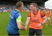 18 June 2016; Armagh manager Kieran McGeeney, right, congratulates Laois manager Mick Lillis after the GAA Football All-Ireland Senior Championship Qualifier Round 1A match between Laois and Armagh at O'Moore Park in Portlaoise, Co. Laois. Photo by Matt Browne/Sportsfile