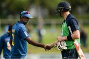 16 June 2016; Boyd Rankin of Ireland, right, shakes hands with Farees Maharoof of Sri Lanka following the One Day International match between Ireland and Sri Lanka at Malahide Cricket Ground in Malahide, Dublin. Photo by Seb Daly/Sportsfile