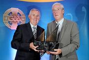 24 July 2010; Uachtarán CLG Criostóir Ó Cuana presents Michael O Se, formerly of Raidio na Gaeltachta, with his 2009 GAA MacNamee Hall of Fame Award. Croke Park, Dublin. Picture credit: David Maher / SPORTSFILE