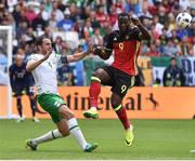 18 June 2016; John O'Shea of Republic of Ireland in action against Romelu Lukaku of Belgium in the UEFA Euro 2016 Group E match between Belgium and Republic of Ireland at Nouveau Stade de Bordeaux in Bordeaux, France. Photo by David Maher/Sportsfile