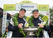 19 June 2016; Manus Kelly and Donall Barrett celebrate at the finish ramp after winning the 2016 Joule Donegal International Rally in a Subaru Impreza WRC S12B, Letterkenny Co.Donegal. Photo by Philip Fitzpatrick/Sportsfile