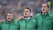 18 June 2016; Ireland players, from left, Jack McGrath, Quinn Roux and Devin Toner a sing their national anthem before the Castle Lager Incoming Series 2nd Test game between South Africa and Ireland at the Emirates Airline Park in Johannesburg, South Africa. Photo by Brendan Moran/Sportsfile