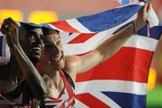27 July 2010; Mo Farah, left, and Chris Thompson of Great Britain celebrate winning Gold and Silver in the Men's 10000m Final. 20th European Athletics Championships, Montjuïc Olympic Stadium, Barcelona, Spain. Picture credit: Brendan Moran / SPORTSFILE