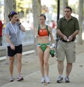 28 July 2010; Ireland's Olive Loughnane with team physio Nessa Smyth and her husband Martin Corkery after pulling out of the Women's 20k Walk Final. 20th European Athletics Championships Montjuïc Olympic Stadium, Barcelona, Spain. Picture credit: Brendan Moran / SPORTSFILE