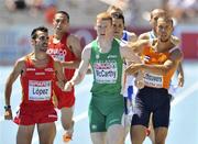 28 July 2010; Ireland's David McCarthy is pushed by Robert Lathouwers of the Netherlands which resulted in the Dutchman being disqualified from their heat of the Men's 800m and McCarthy finishing in 6th in a time of 1:49.53 and qualifying for the semi-finals. 20th European Athletics Championships Montjuïc Olympic Stadium, Barcelona, Spain. Picture credit: Brendan Moran / SPORTSFILE