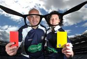 28 July 2010; A new sponsorship deal between Specsavers and the Ladies Gaelic Football Association will ensure all of the sport's national All Ireland panel of referees have their eyes firmly focussed on the game. At the announcement are ladies football referees Eugene O'Hare and Maggie Farrell. Croke Park, Dublin. Picture credit: Brian Lawless / SPORTSFILE