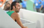 28 July 2010; Ireland's Thomas Chamney takes a seat in the TV flash area for a breather after his semi-final of the Men's 1500m where he finished in 9th place in a time of 3:43.60 and failed to make the final. 20th European Athletics Championships Montjuïc Olympic Stadium, Barcelona, Spain. Picture credit: Brendan Moran / SPORTSFILE