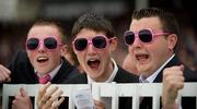29 July 2010; Cathal Birrane, left, Raymond Higgins and Karl Walsh, from Ballina, Co. Mayo, cheer on their selections during the The Guinness Time Handicap. Galway Racing Festival 2010, Ballybrit, Galway. Picture credit: Ray McManus / SPORTSFILE