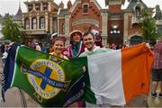 20 June 2016; Northern Ireland supporter Katie Brown, from Belfast, Co. Antrim, with Republic of Ireland supporter Cian O'Connor, from Cahersiveen, Co. Kerry, at UEFA Euro 2016 in Disneyland Paris, France. Photo by Stephen McCarthy/Sportsfile