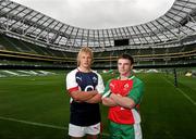 30 July 2010; Captain of the Leinster/Ulster team Luke Marshall, left, with captain of the Connacht/Munster team Mark Dolan, after an O2 Challenge media conference, ahead of tommorrow's historic first game in the Aviva Stadium between a Leinster/Ulster selection and a Connacht/Munster selection. Aviva Stadium, Lansdowne Road, Dublin. Picture credit: Brian Lawless / SPORTSFILE