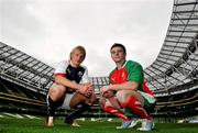 30 July 2010; Captain of the Leinster/Ulster team Luke Marshall, left, with captain of the Connacht/Munster team Mark Dolan, after an O2 Challenge media conference, ahead of tommorrow's historic first game in the Aviva Stadium between a Leinster/Ulster selection and a Connacht/Munster selection. Aviva Stadium, Lansdowne Road, Dublin. Picture credit: Brian Lawless / SPORTSFILE