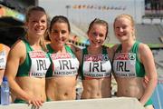 31 July 2010; The Ireland Women's 4 x 100m team, from left, Ailis McSweeney, Claire Brady, Niamh Whelan and Amy Foster after finishing 4th in their heat of the Women's 4 x 100m in a time of 43.93 sec but failing to qualify for the final. 20th European Athletics Championships Montjuïc Olympic Stadium, Barcelona, Spain. Picture credit: Brendan Moran / SPORTSFILE