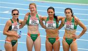 31 July 2010; The Ireland Women's 4 x 400m team, from left, Michelle Carey, Joanne Cuddihy, Marian Heffernan and Brona Furlong after finishing 4th in their heat of the Women's 4 x 400m in a time of 3:30.11 but failing to qualify for the final. 20th European Athletics Championships Montjuïc Olympic Stadium, Barcelona, Spain. Picture credit: Brendan Moran / SPORTSFILE